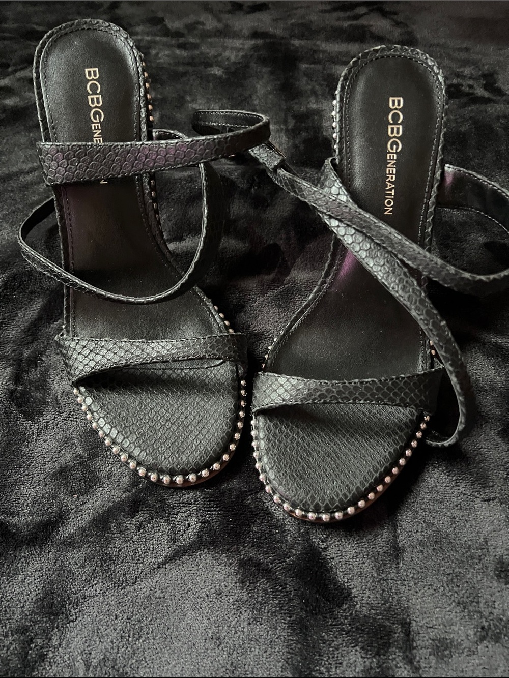 BCBGeneration Black Snake-Texture Studded Strappy Heels